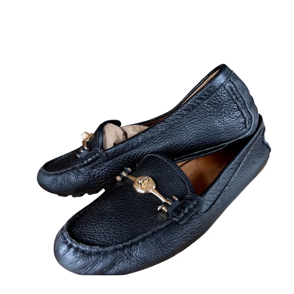 Coach Arlene Black Pebbled Leather Turnlock Driver Loafers Womens 9.5B Preppy
